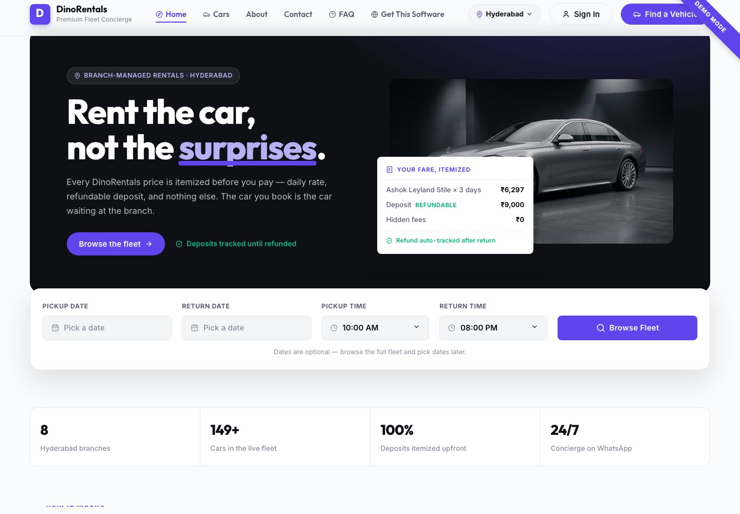 Dino Rental Cars landing page (desktop)