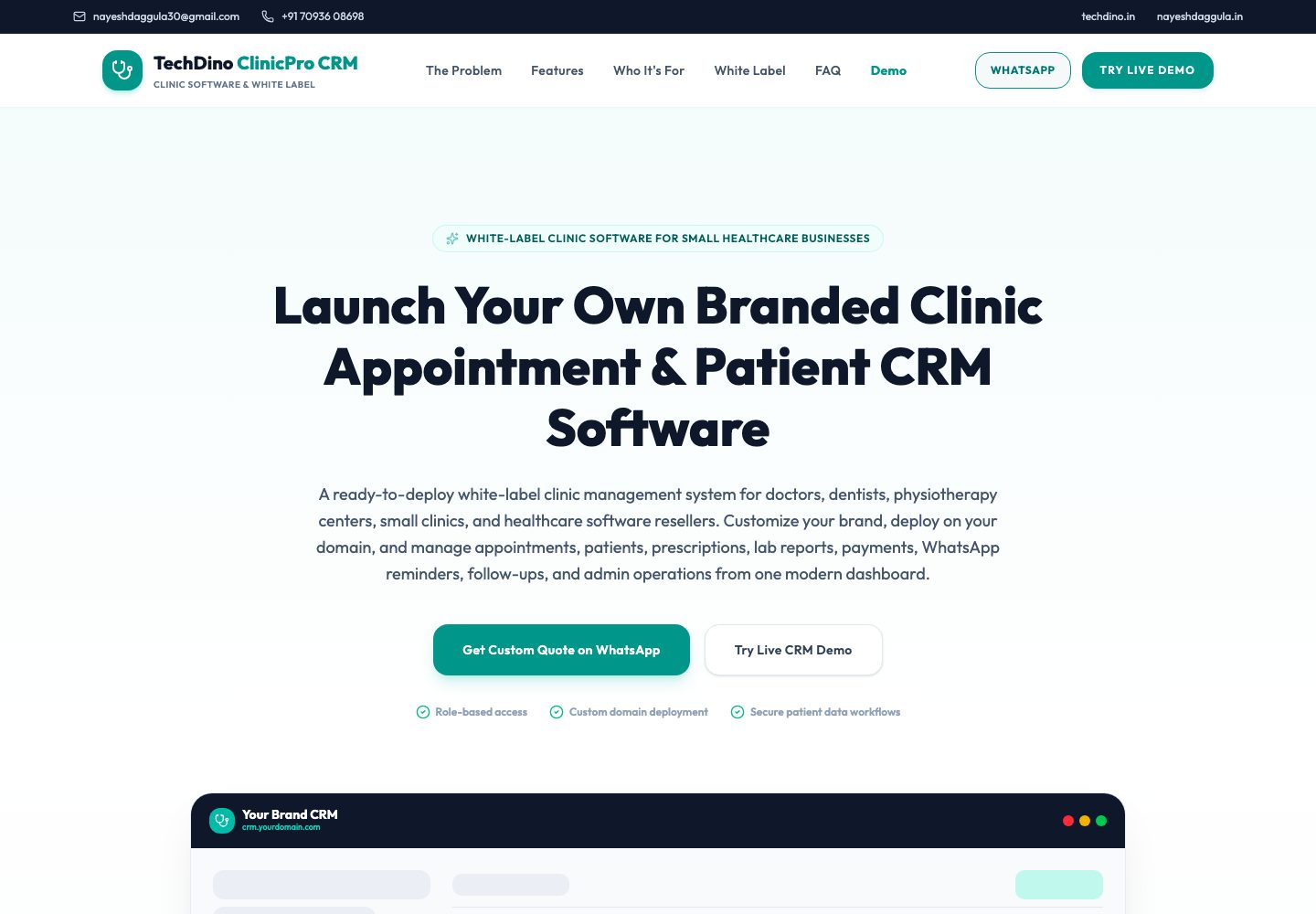 Clinic CRM landing page (desktop)