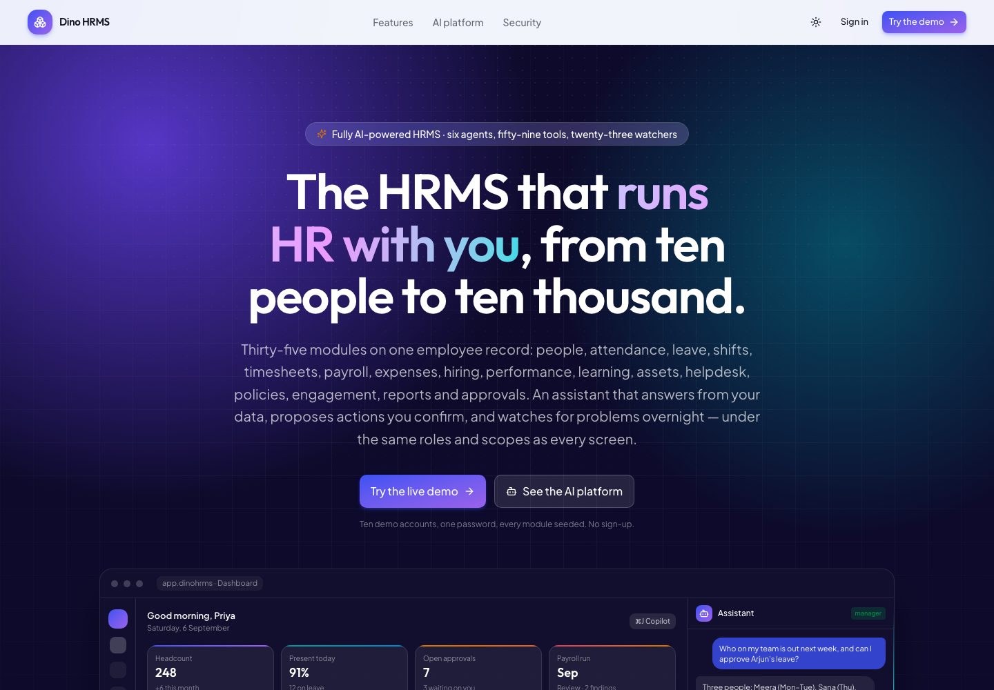 Dino HRMS landing page (desktop)