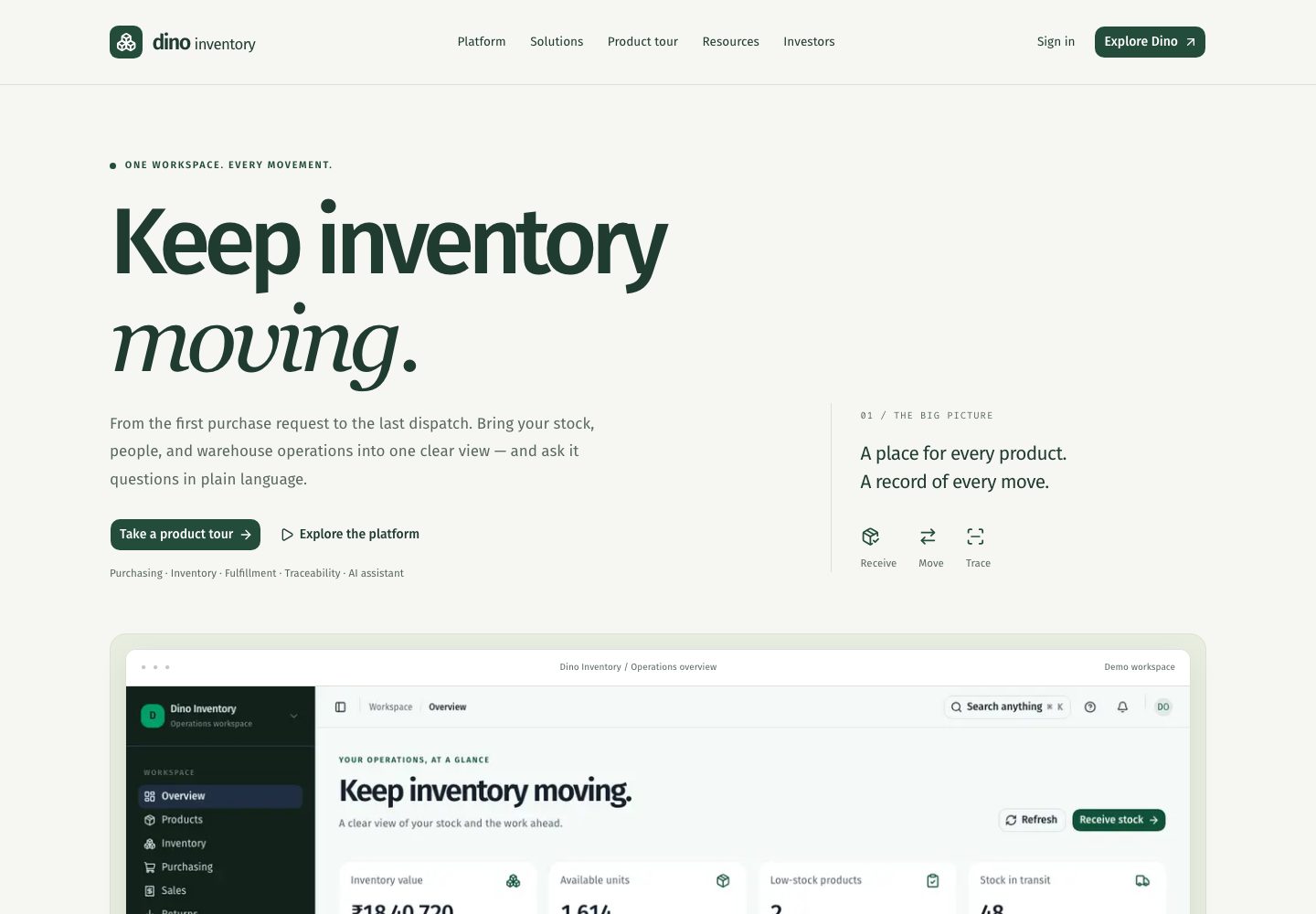 Dino Inventory landing page (desktop)