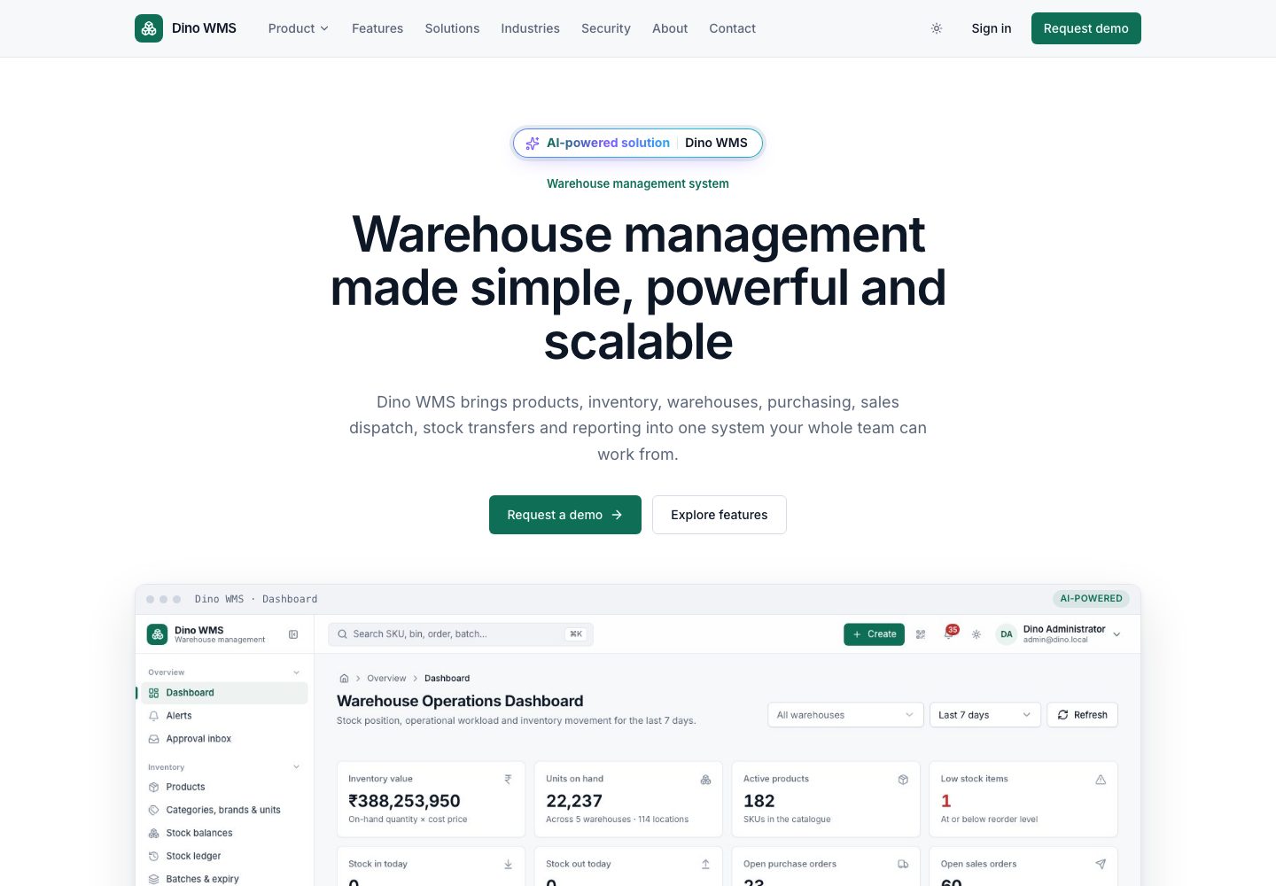 Dino WMS landing page (desktop)