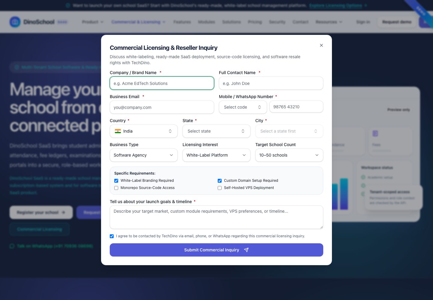 DinoSchool SaaS landing page (desktop)