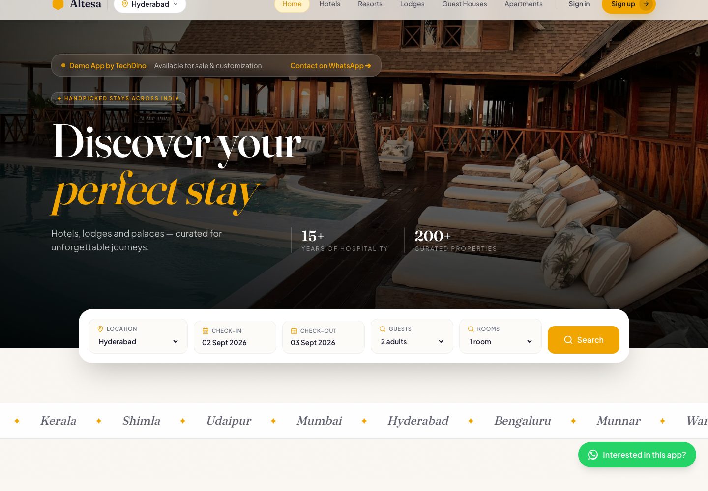 Hotel & Lodge Booking App landing page (desktop)