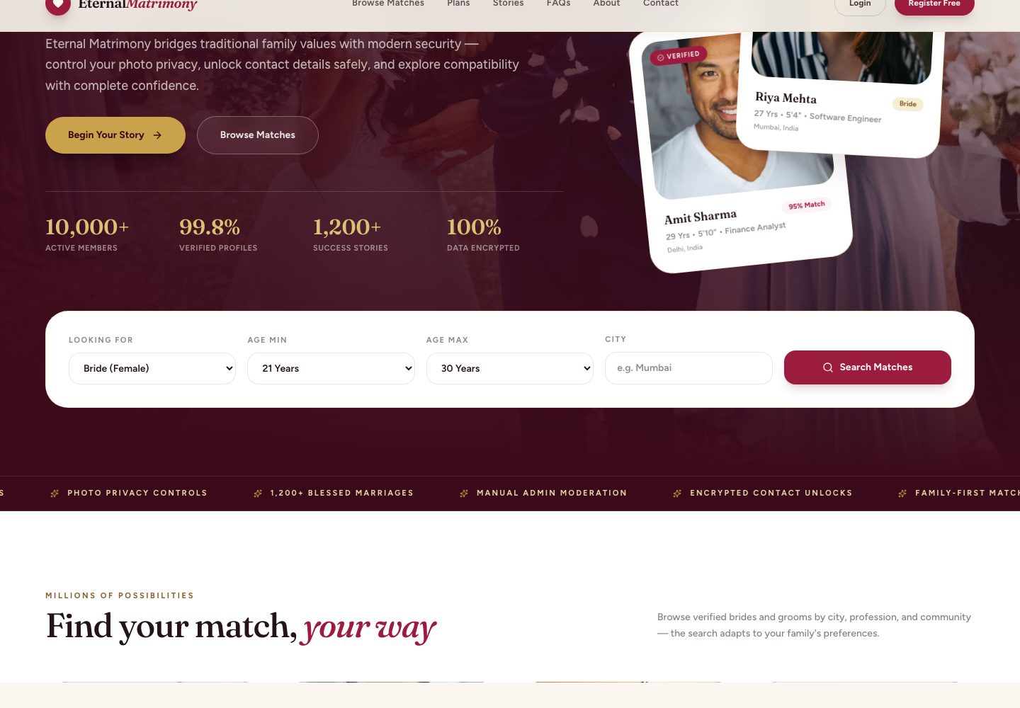 Matrimony App landing page (desktop)
