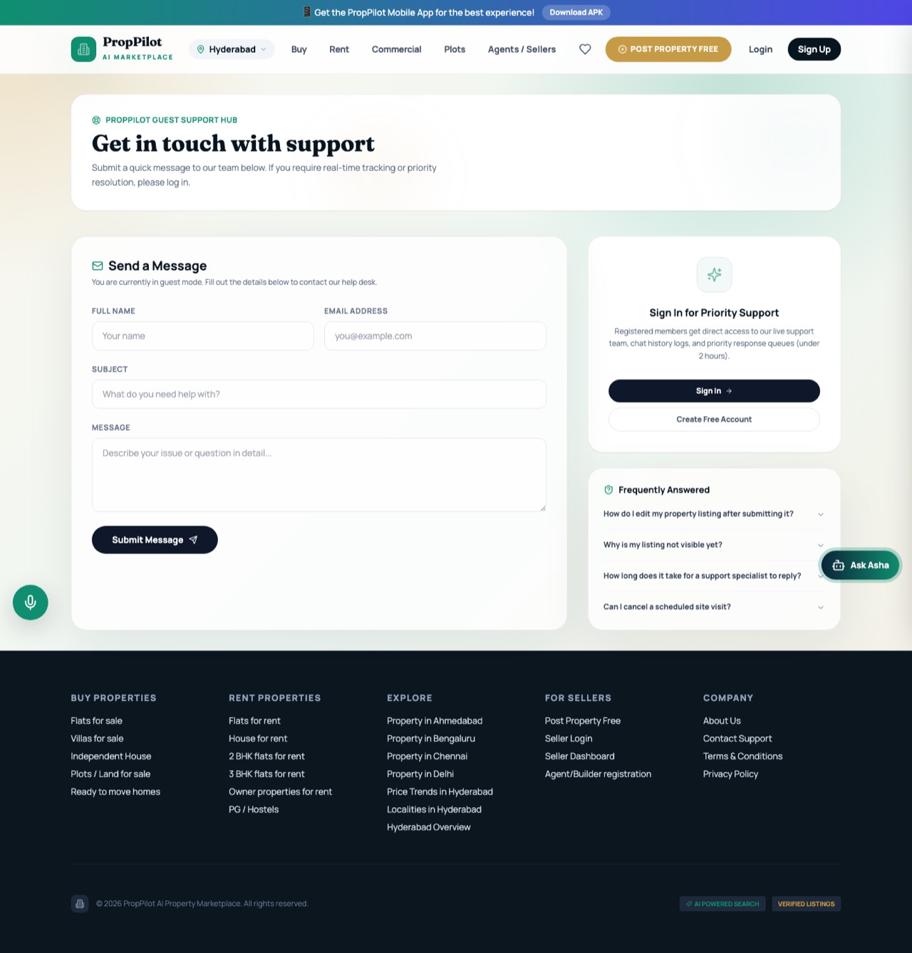 PropertyApp inquiry / contact flow (desktop)
