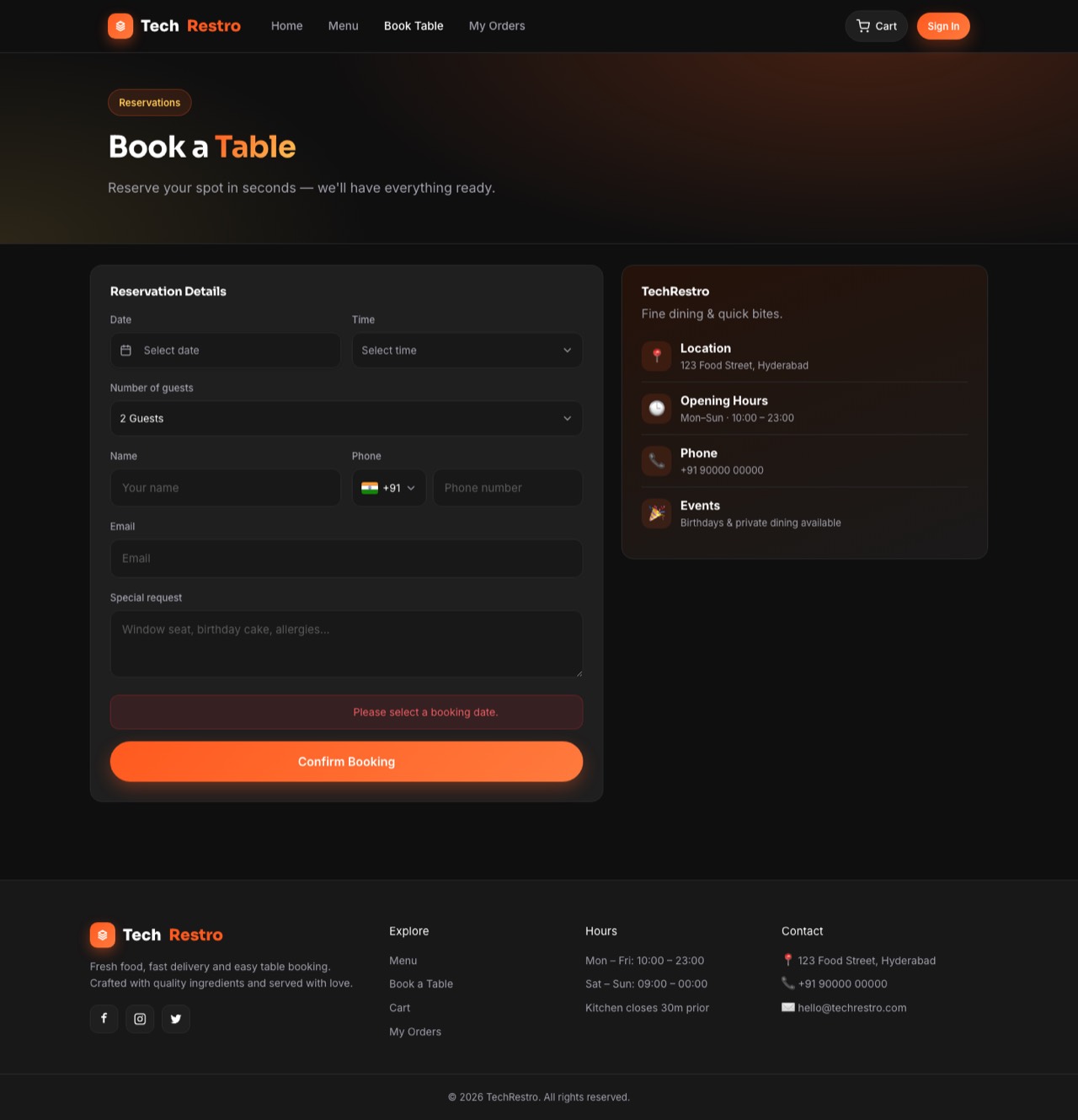 Restro ordering / booking flow (desktop)