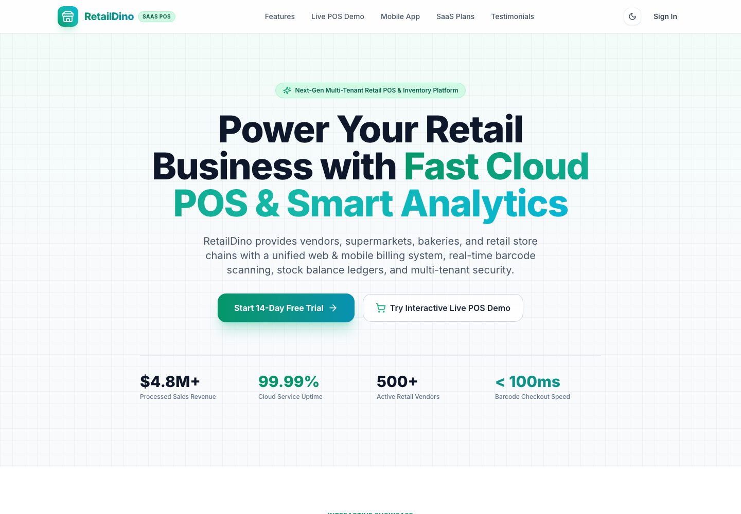 RetailDino SaaS landing page (desktop)