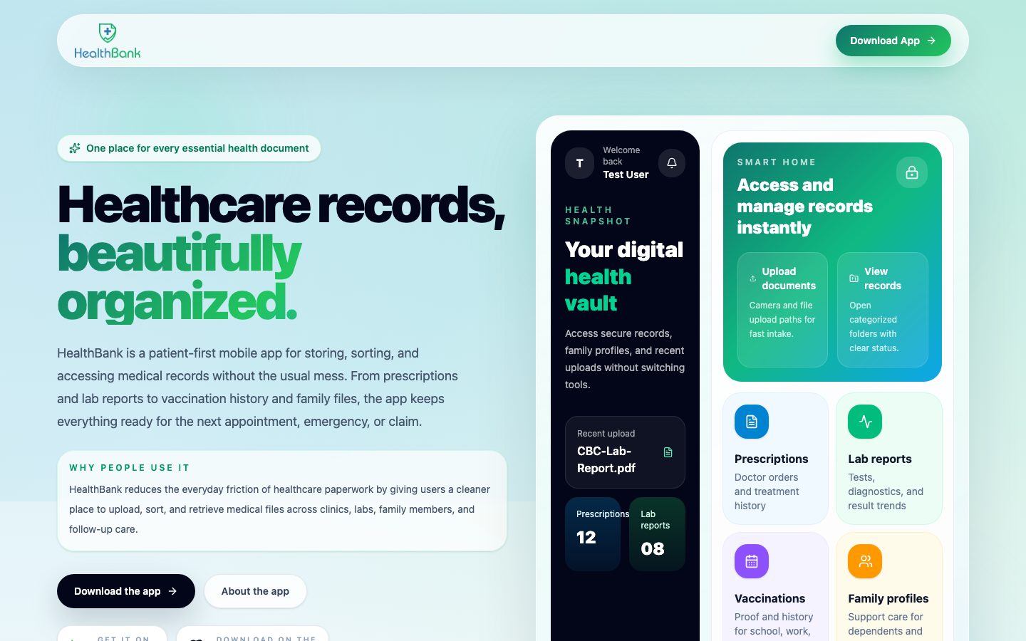 The Health Bank — Healthcare / Mobile & Web Platform homepage screenshot